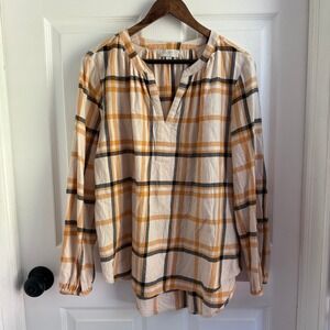 LOFT Outlet Womens Large Plaid Split V-Neck Long Sleeve Blouse